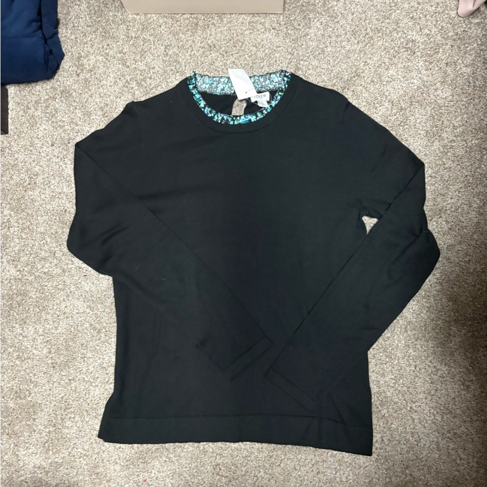 Black Long Sleeve Sweater with Floral Trim